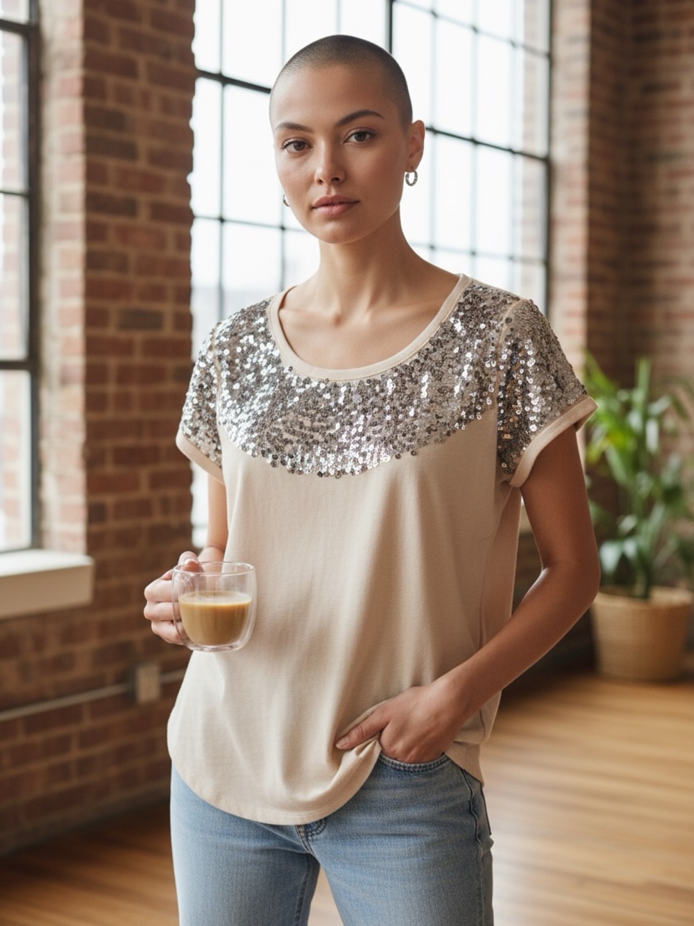 Aerie Sequinโ Sweatshirt Top M Pink Rose Gold Short Sleeve Pullover Blush.